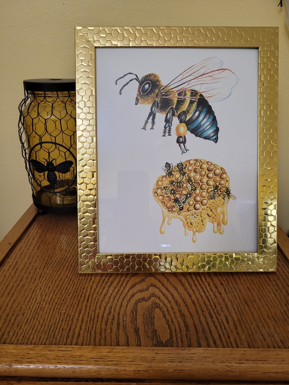 Gold Honeycomb Frame with Bee Artwork 8x10 Print